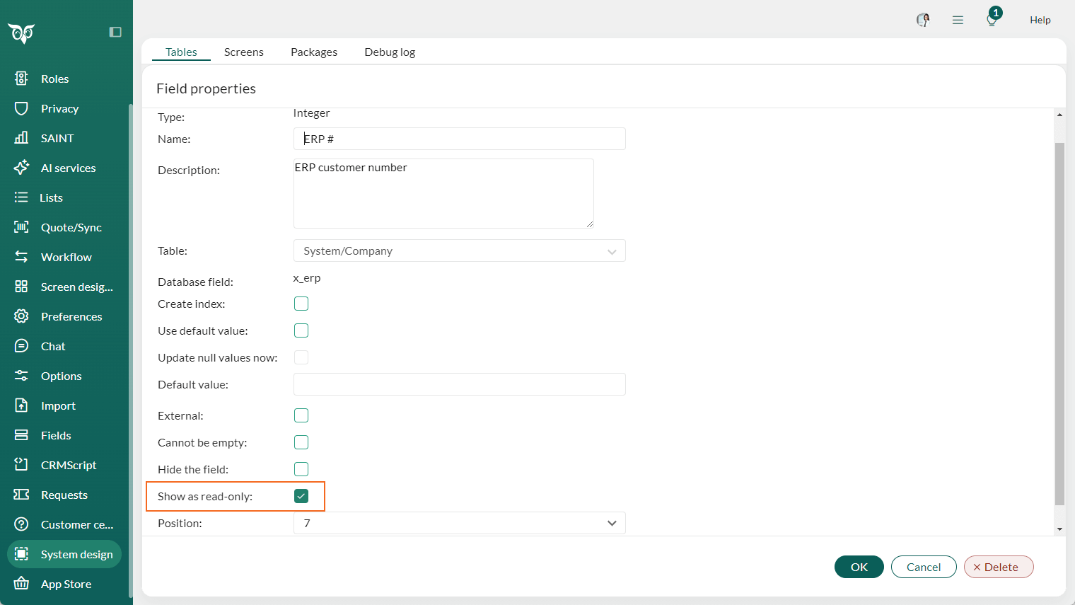 Admin System design - Field set as read-only -screenshot