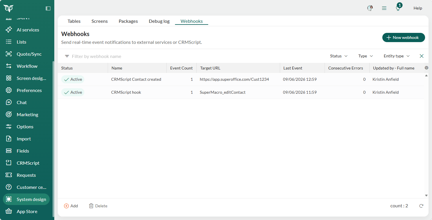 Settings - Webhooks panel overview -screenshot