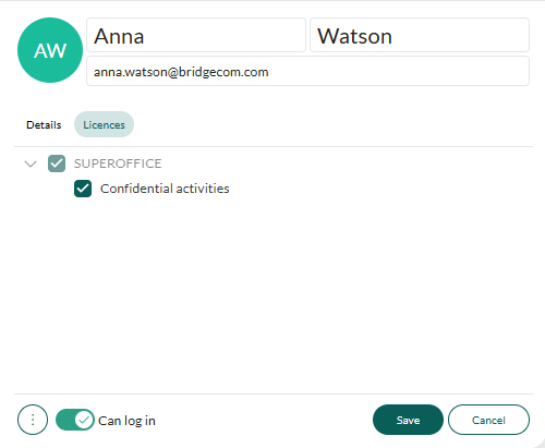 User management, Confidential activities checkbox -screenshot