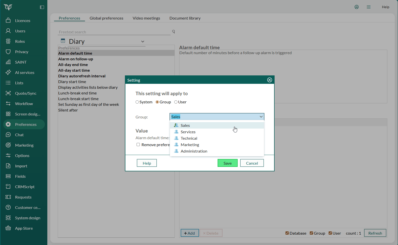 Preferences for Sales group -screenshot