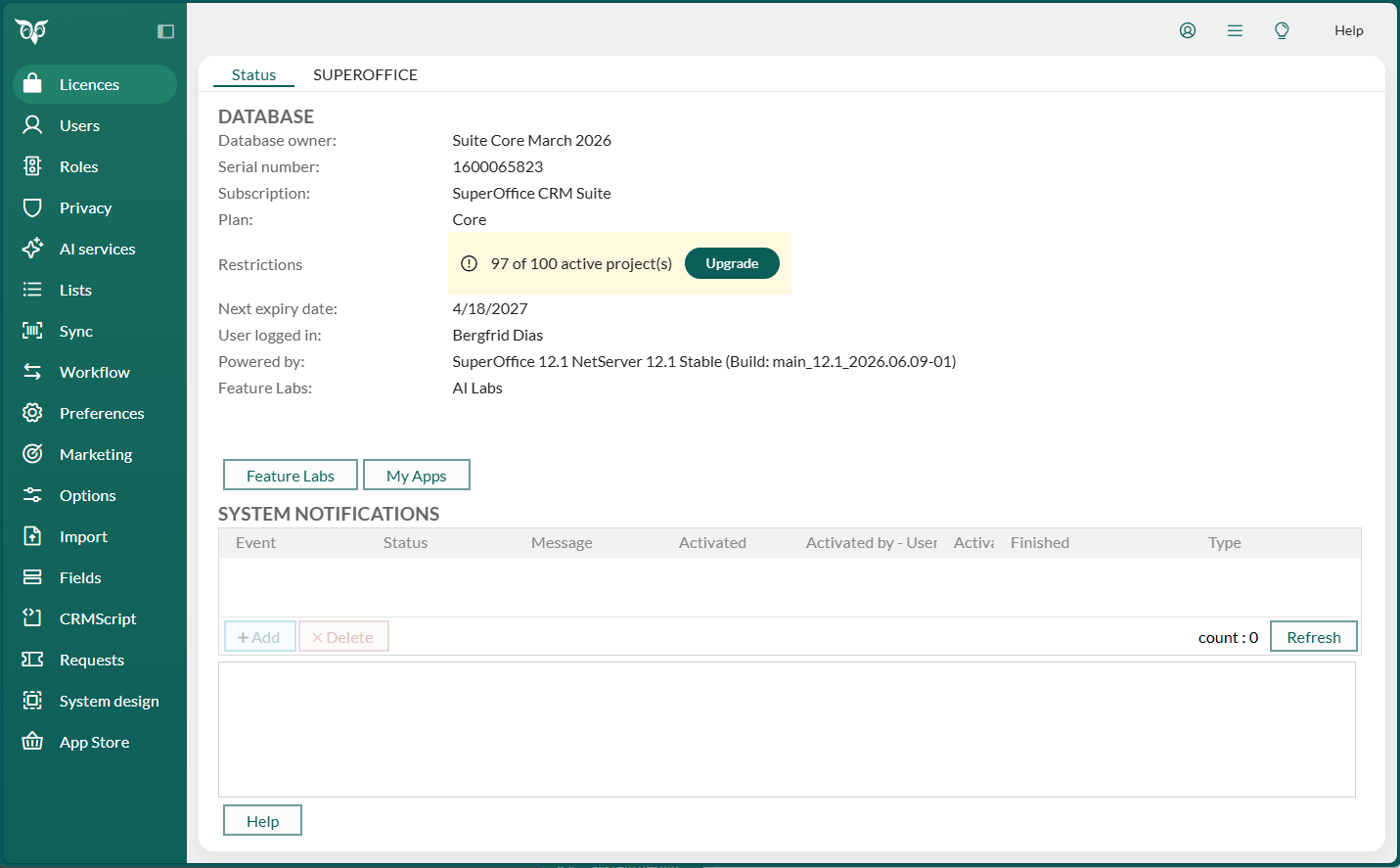Licences Status tab showing a plan limit warning with an Upgrade button -screenshot