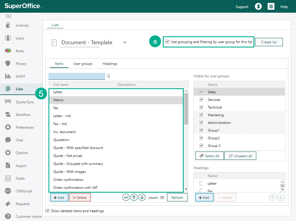 Grouping and filtering by user group for document template list -screenshot