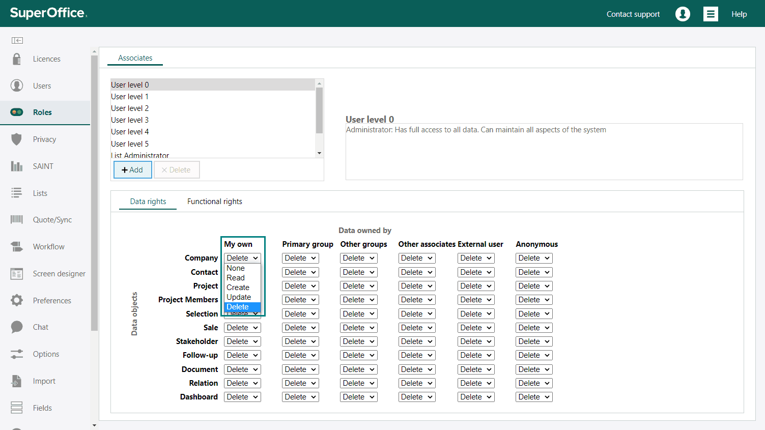 The Roles section lets you determine what type of access your users have to the different parts of SuperOffice CRM -screenshot