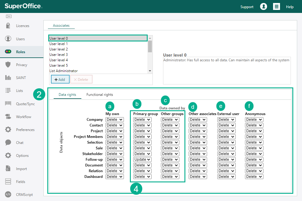 The Roles - Associates screen, data rights tab -screenshot