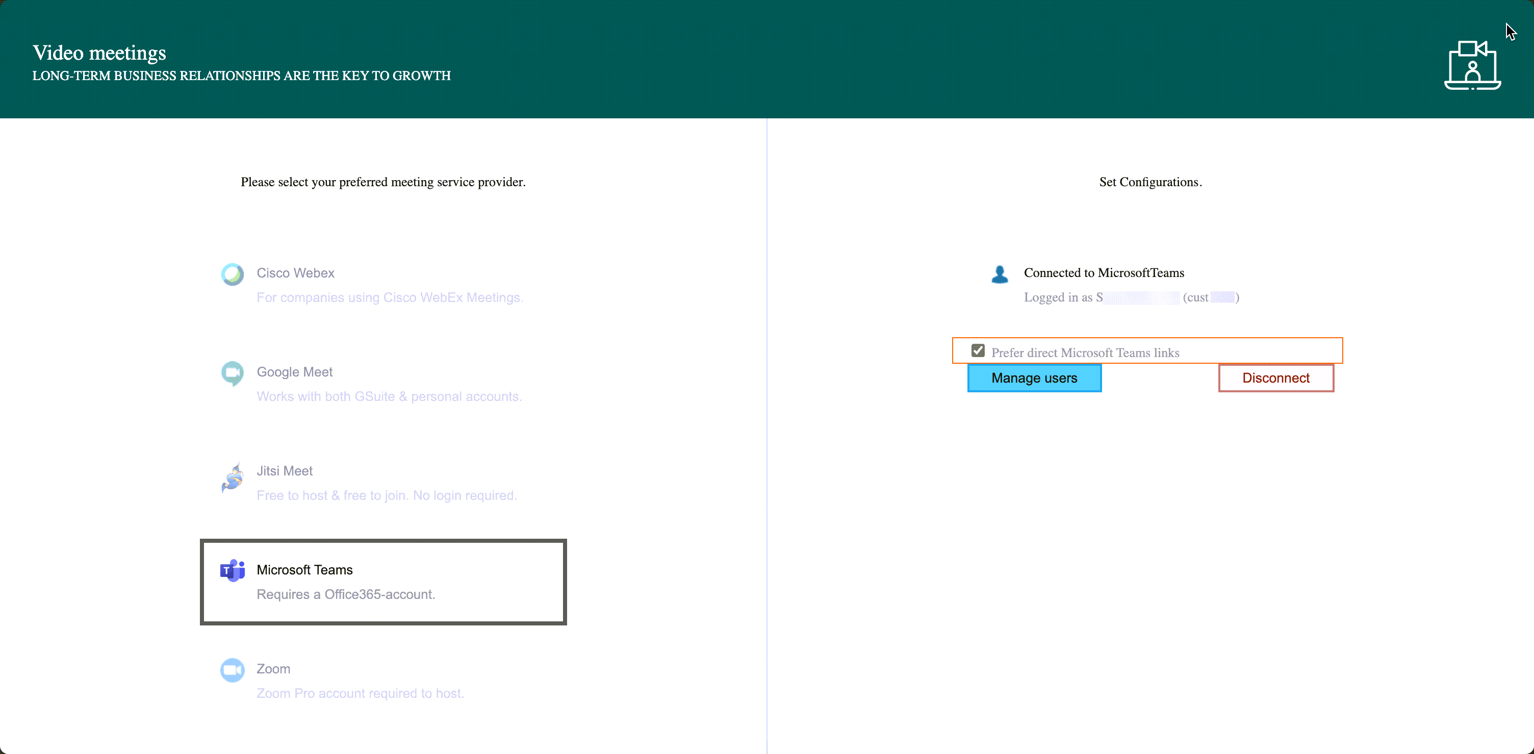 Set configuration with prefer direct Microsoft Teams links -screenshot