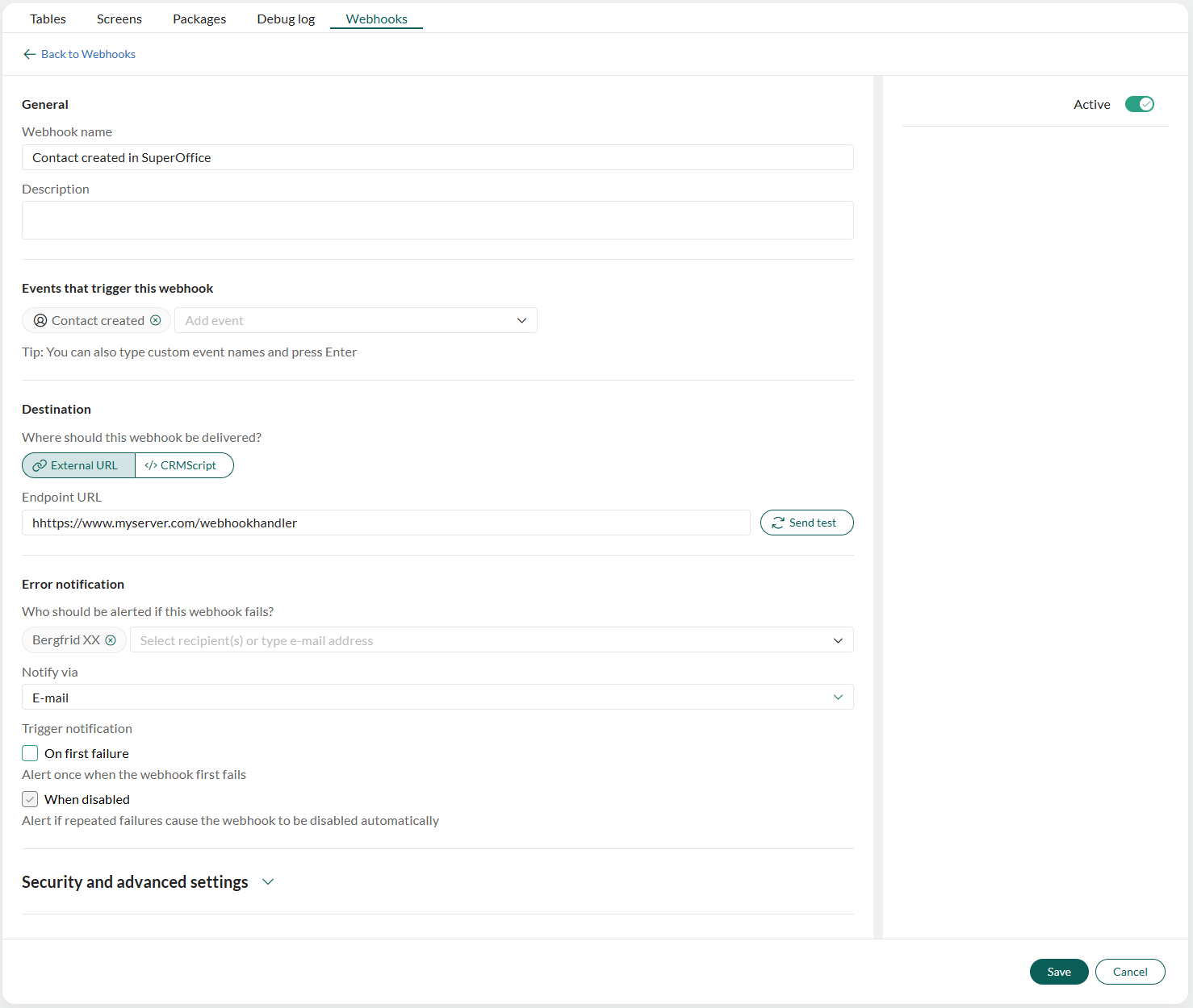 Webhook form with events, destination, and error notification configured -screenshot