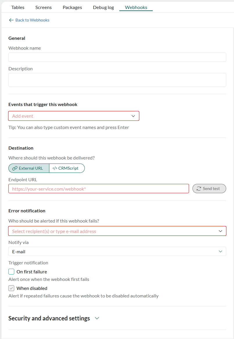 New webhook form in Settings and maintenance -screenshot
