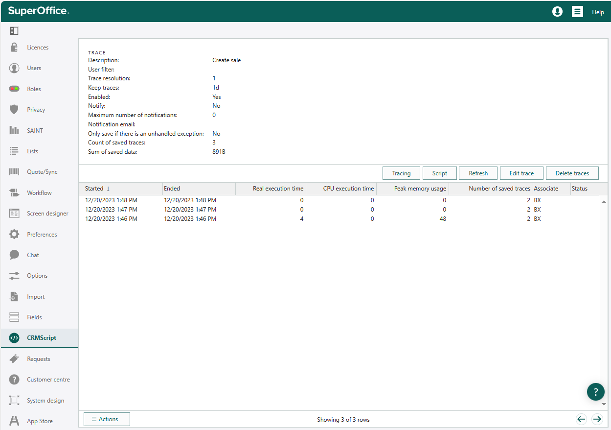Trace CRMScript -screenshot