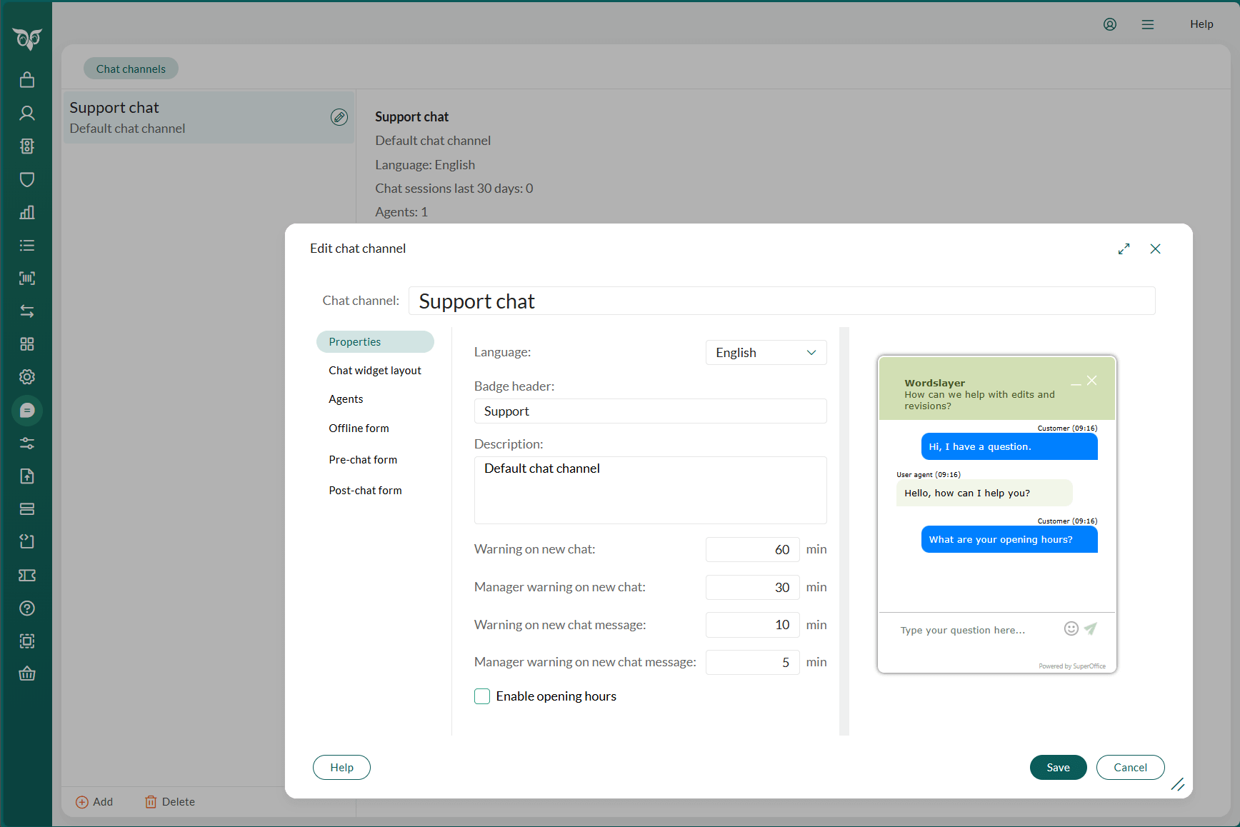 The Chat channels screen in Settings and maintenance with the Edit chat channel dialog open -screenshot