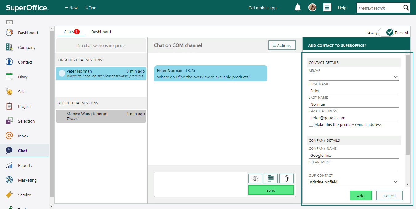 You can add a new contact to SuperOffice CRM through the side panel -screenshot