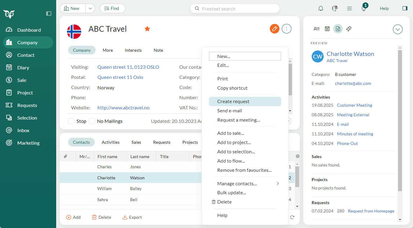 Right click on a contact on a company card to create a new request -screenshot