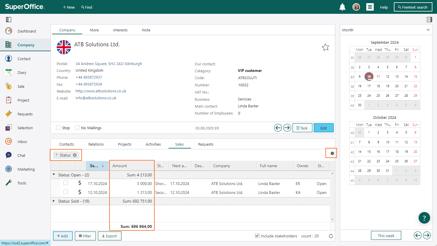 Sales section tab - sum and grouping on amount -screenshot