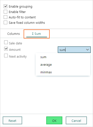 Section tabs settings - sum of amount and enable grouping -screenshot