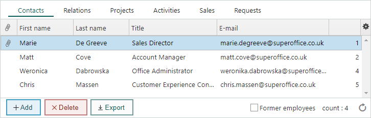 Contacts section in company -screenshot