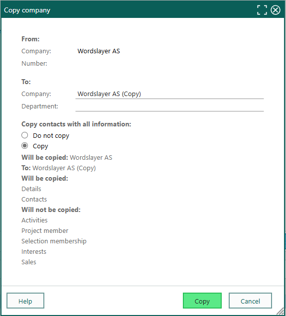 Copy company dialog -screenshot