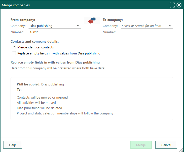 Merge companies dialog -screenshot