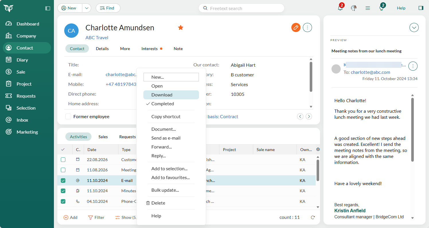 Context menu on Activities archive for Contact -screenshot