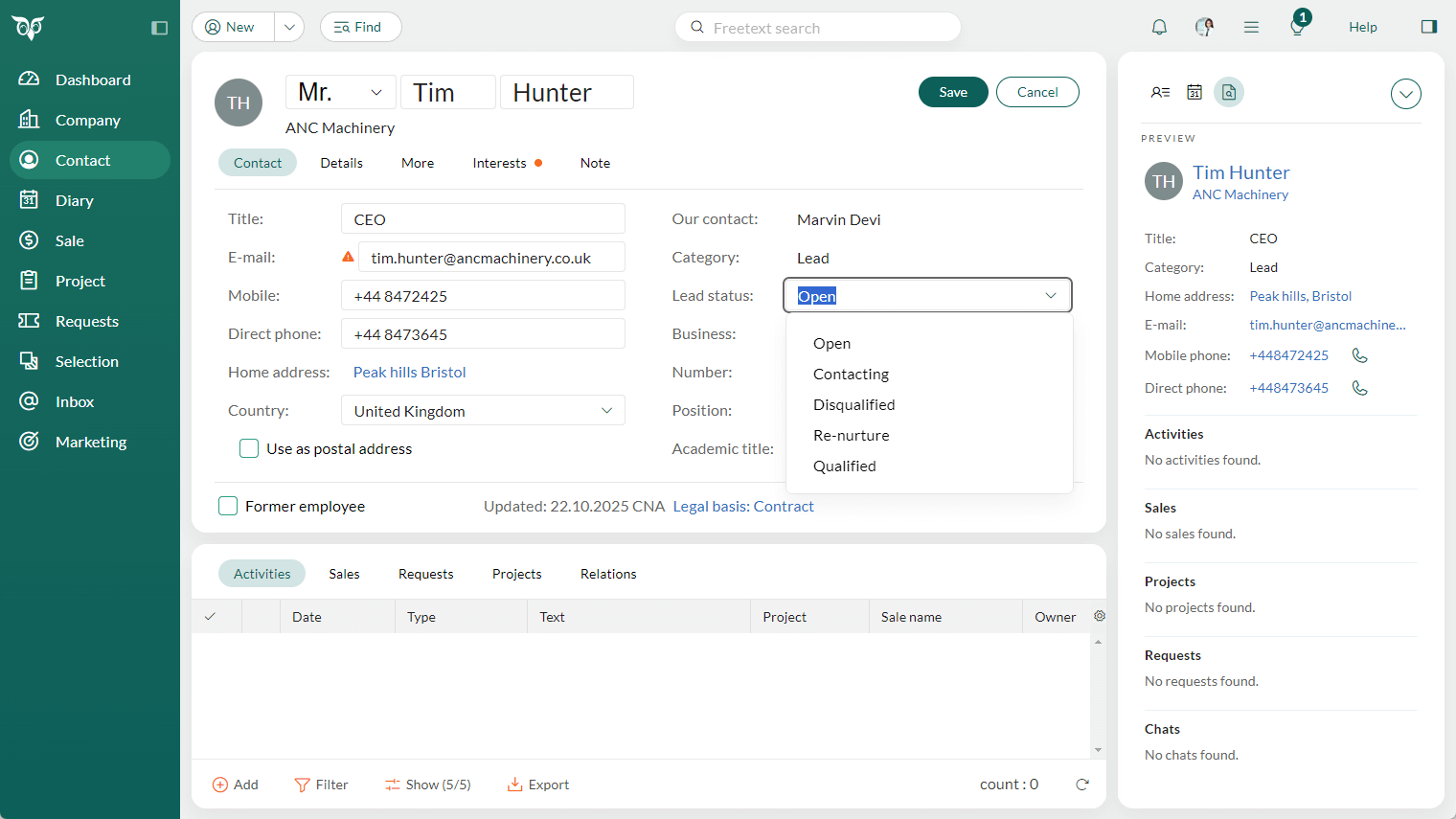 Contact edit mode with Lead status list -screenshot