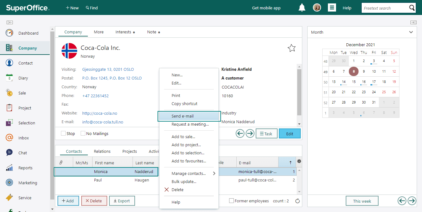 Find the contact, right click and then select Send email from the menu -screenshot