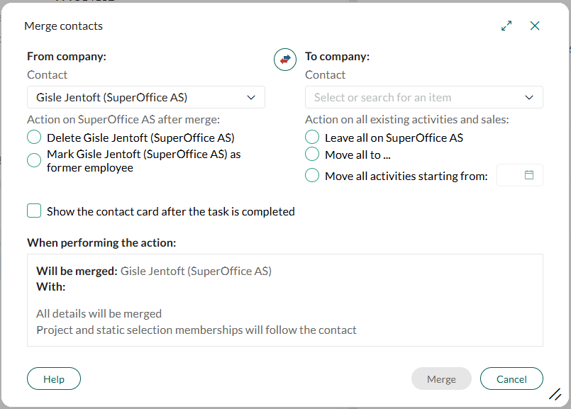 Merge contacts dialog showing options to handle duplicate contacts (including their activities)and choosing post-merge actions. -screenshot