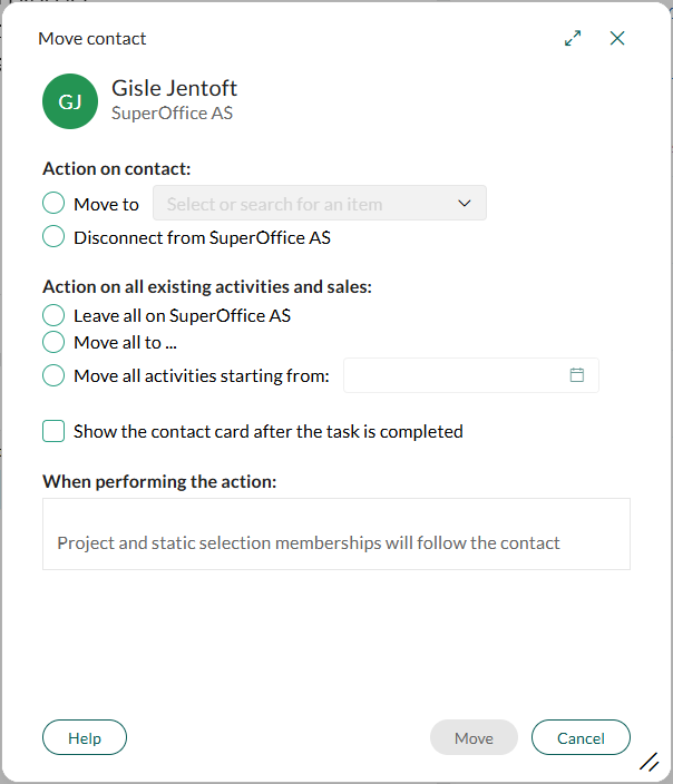 Move contact dialog with options for transferring or disconnecting contacts, and handling existing activities and sales. -screenshot