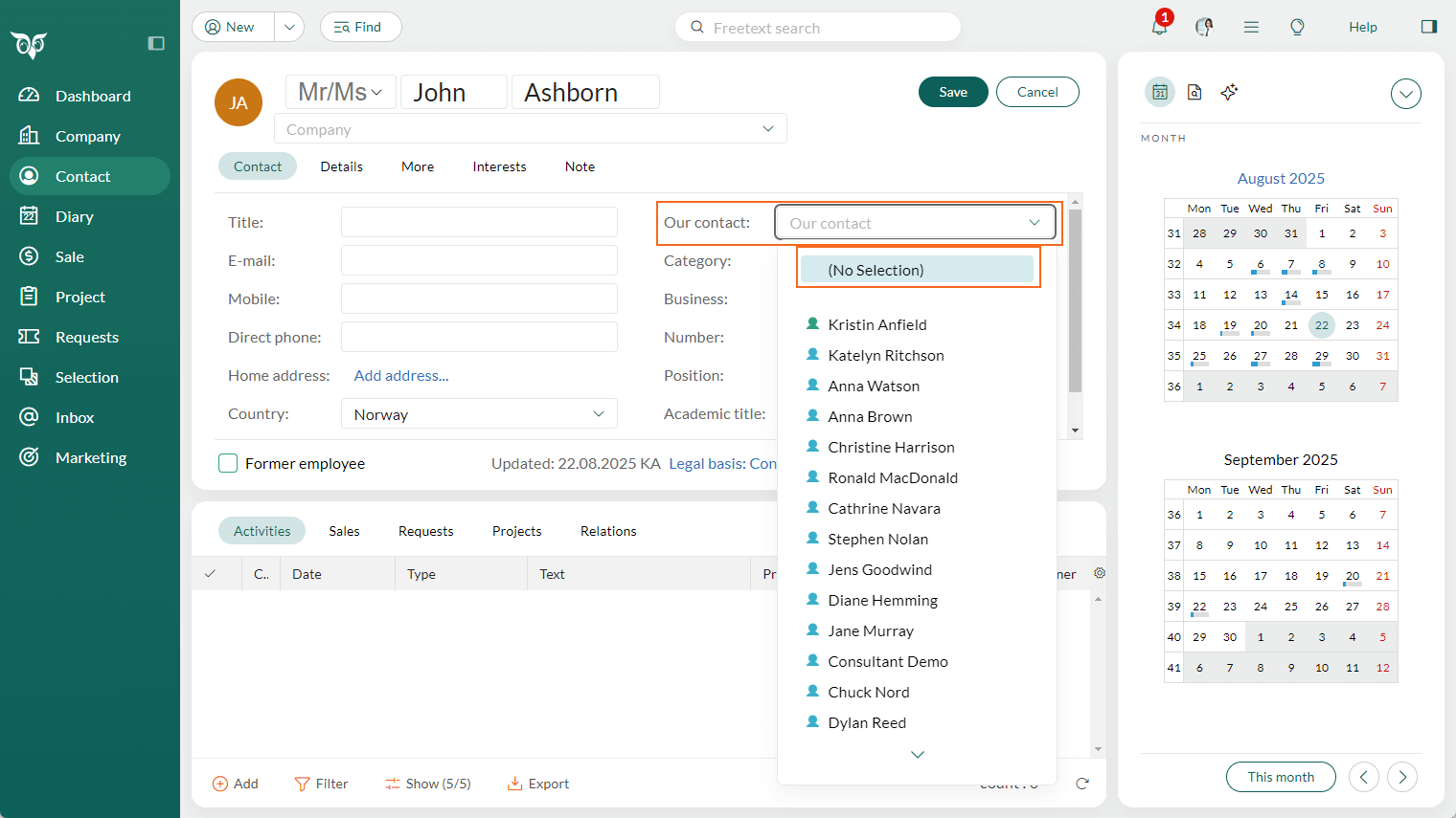 Companies and contacts with No selection in the field for Our contact -screenshot