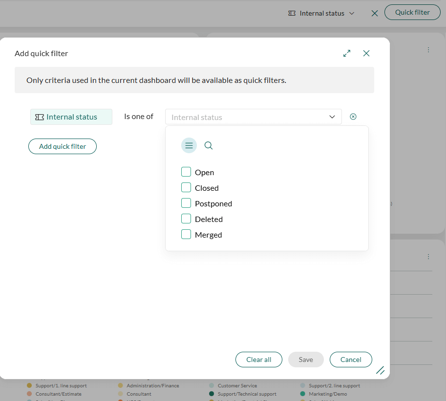 Add quick filter dialog showing Internal status criteria with selectable values -screenshot