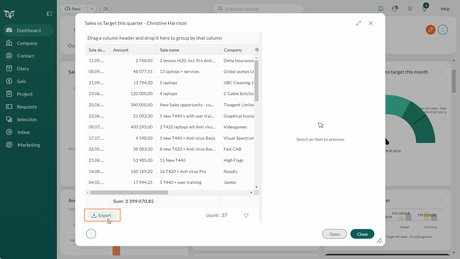 Dashboard - Drill down dialog with option for Export to Excel -screenshot