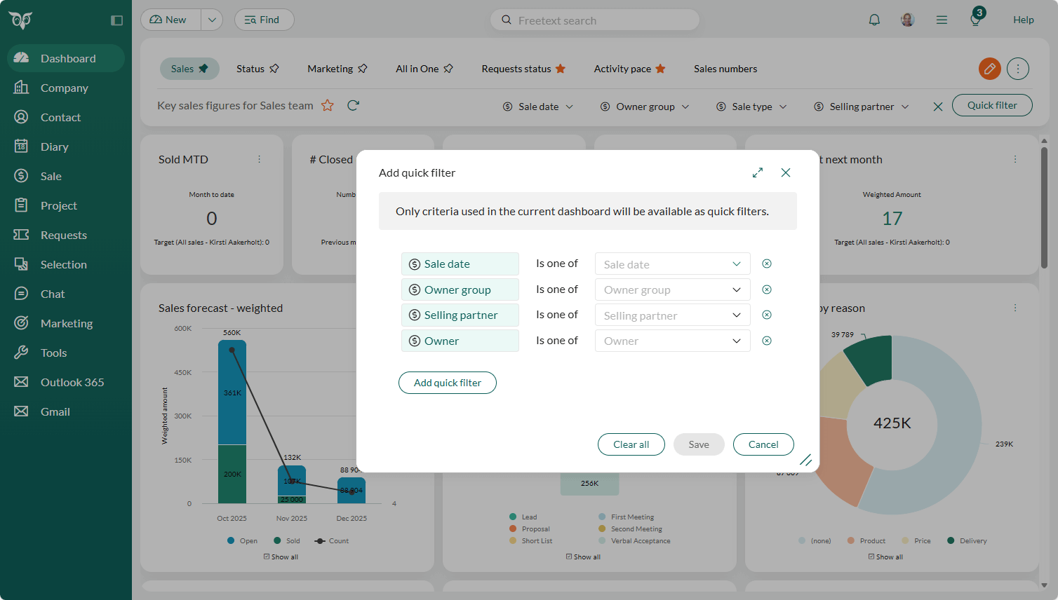Dashboard quick filter dialog where text and date fields are available -screenshot