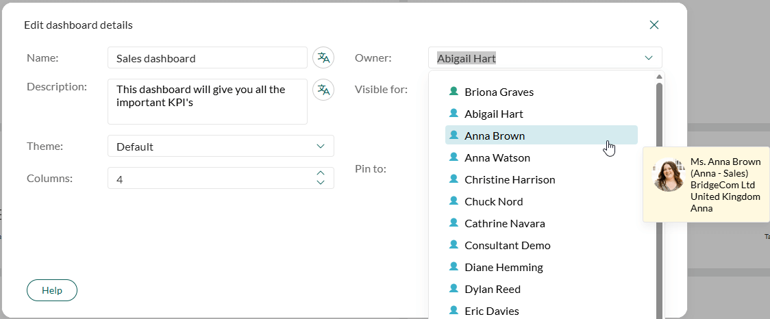 The Edit dashboard details dialog with the Owner list expanded to show available users -screenshot