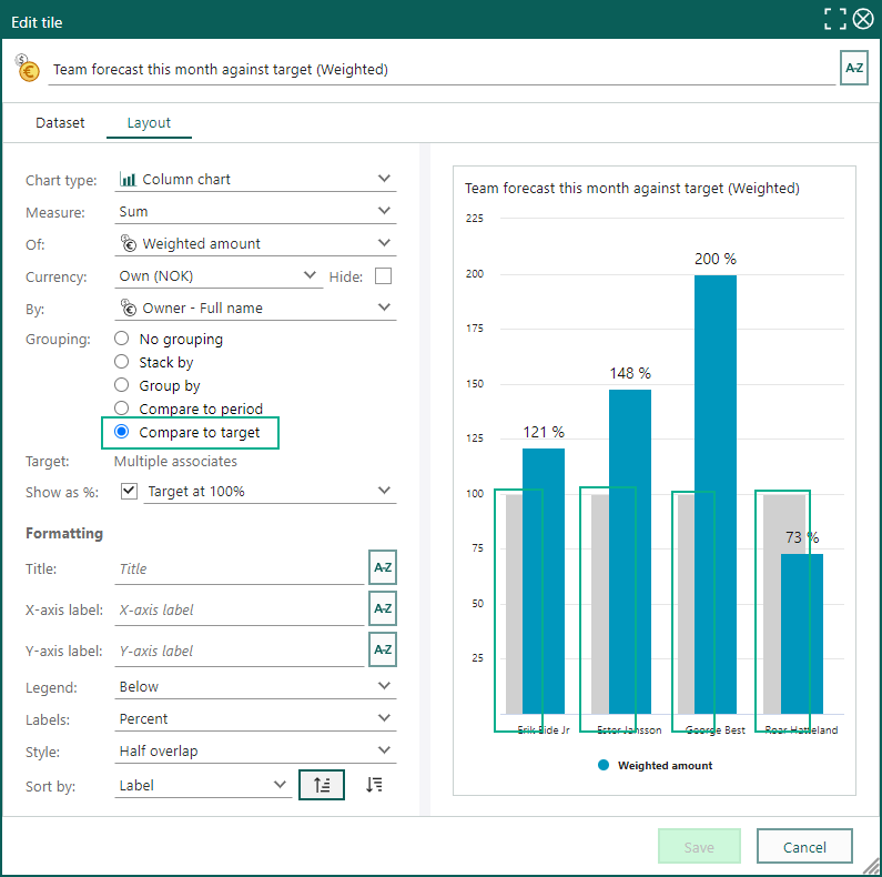 Choose the Layout tab and select Compare to target in the Grouping section -screenshot