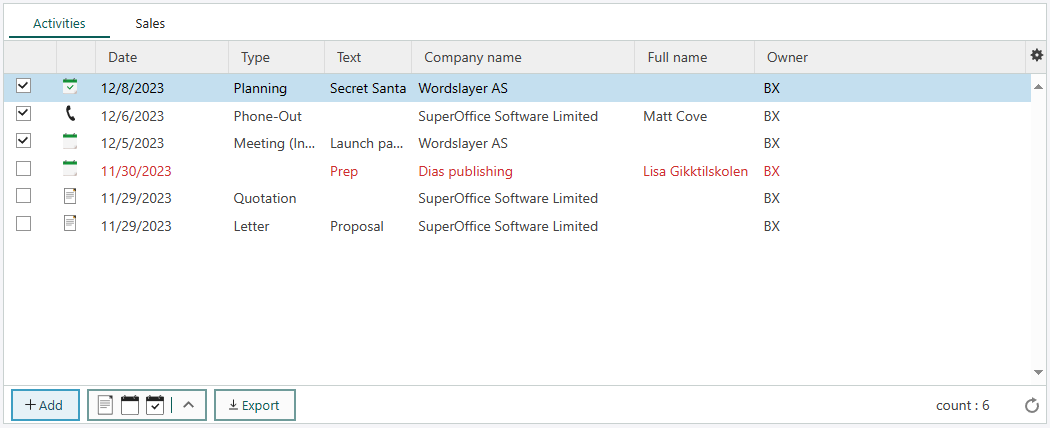 Activities in SuperOffice CRM -screenshot