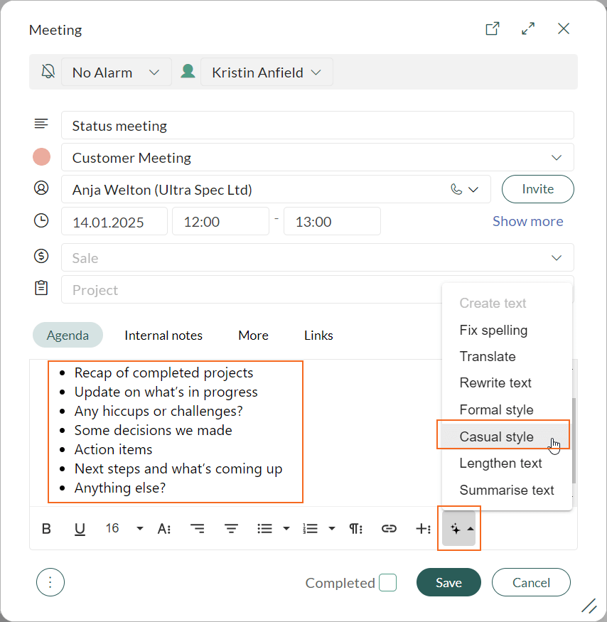 AI text options - Use AI casual style on formatted -screenshot