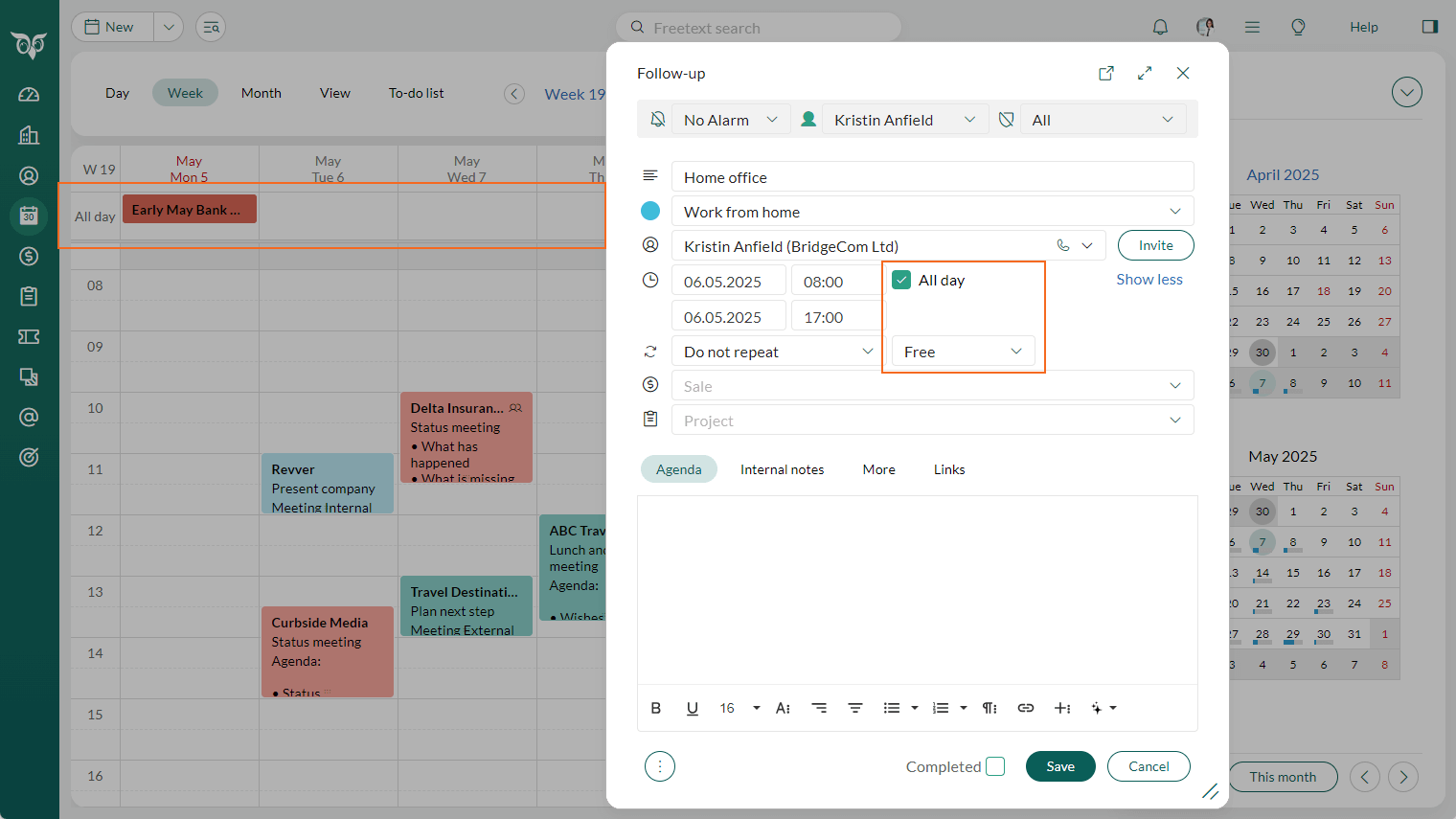 All day follow-up with "All day" and "Free" selected, shown in the top row of the diary view -screenshot