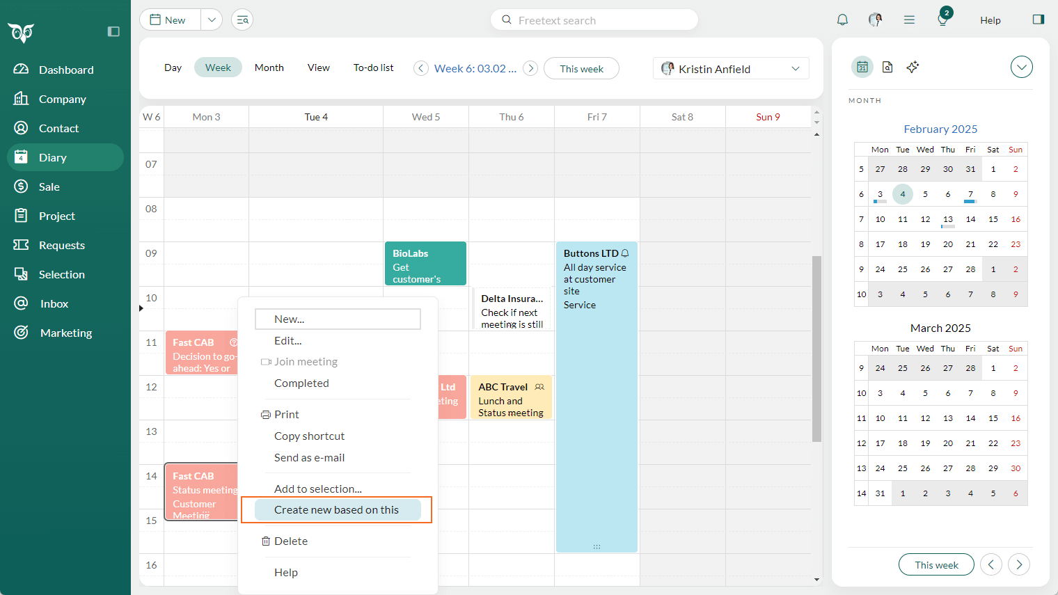 Diary - The context menu on a follow-up contains the item for Create new based on this -screenshot