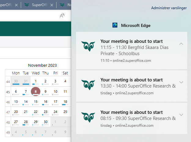 SuperOffice browser notification -screenshot