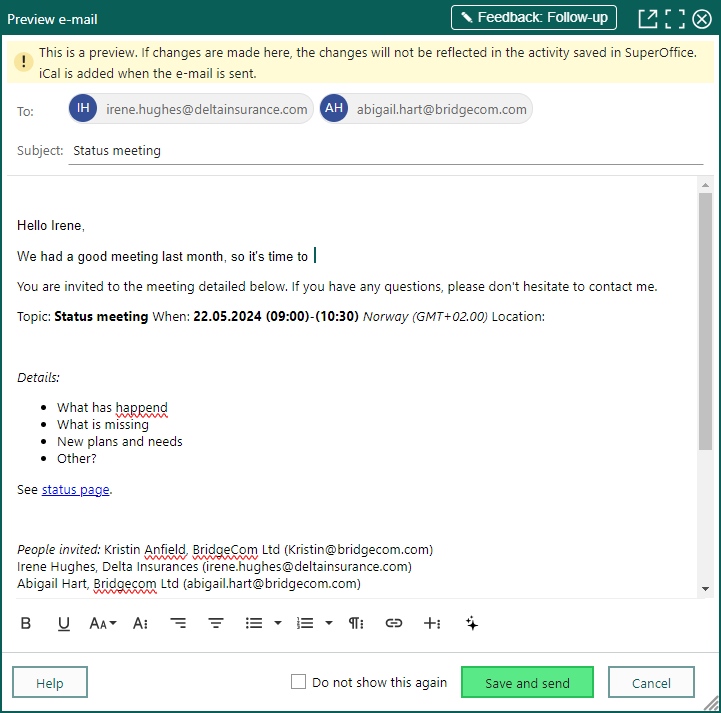 Follow-up - change the invitation email before sending -screenshot