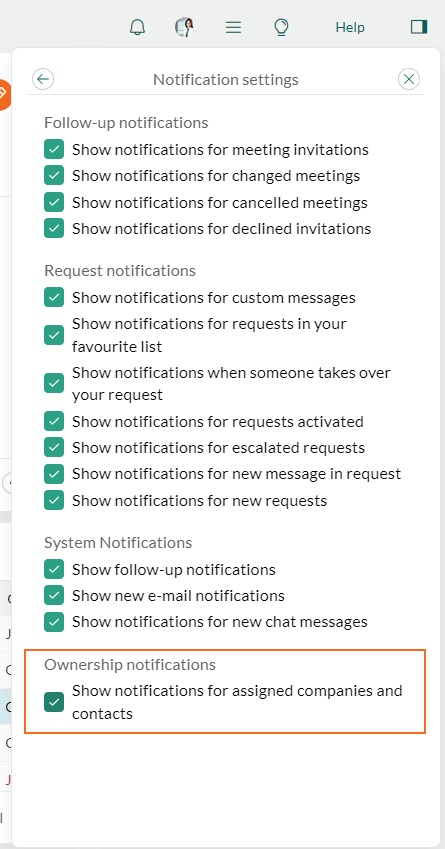 Notification settings for ownerships of assigned companies and contacts -screenshot