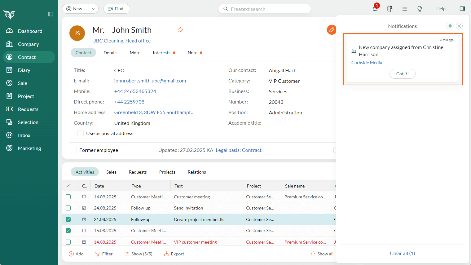 Notification settings for ownerships of assigned companies and contacts -screenshot