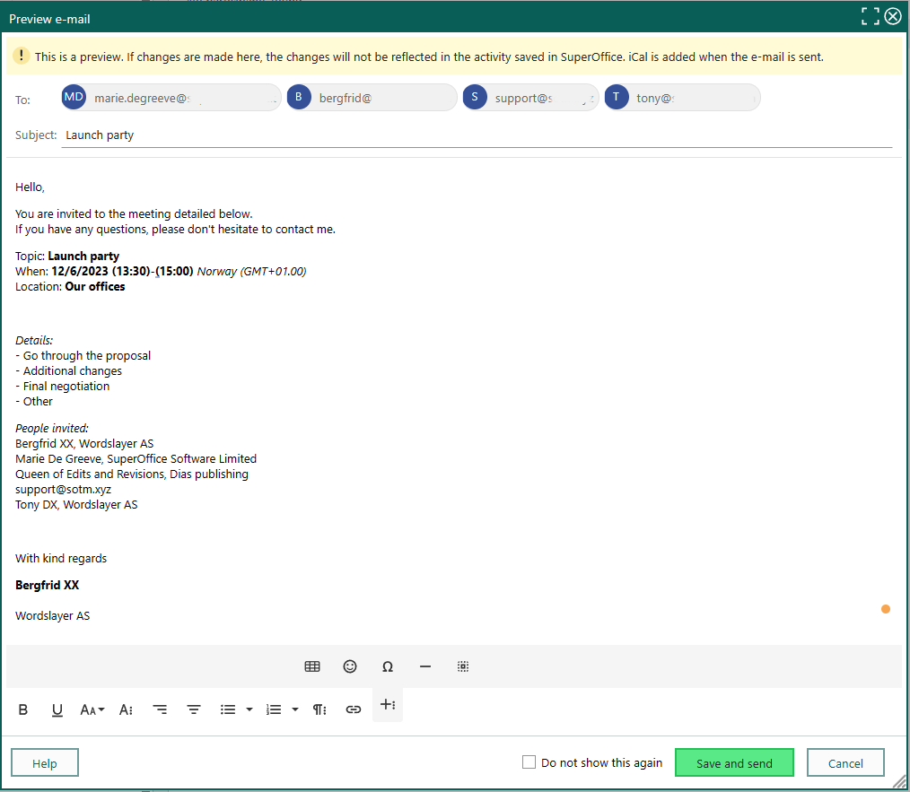 Follow-up dialog, preview email invitation -screenshot