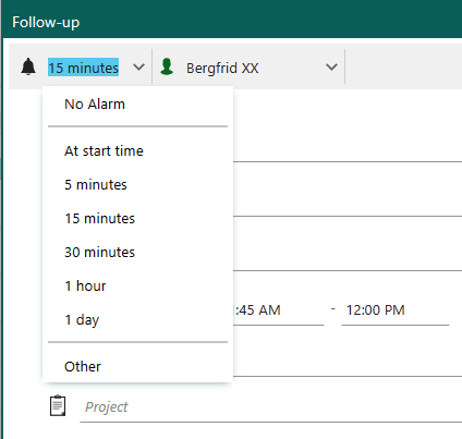 Alarm drop-down list in Follow-up dialog header -screenshot