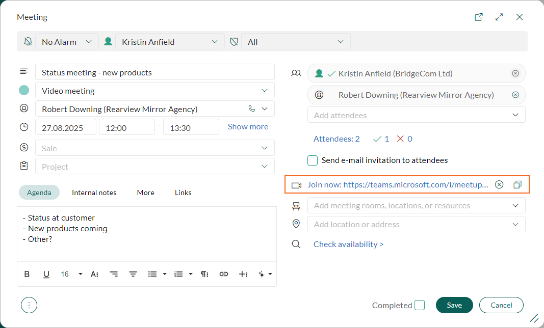 Follow-up with the direct video link to Microsoft Teams -screenshot