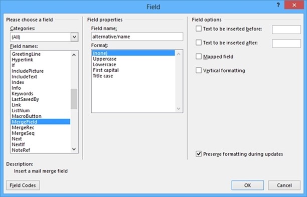 Field properties -screenshot