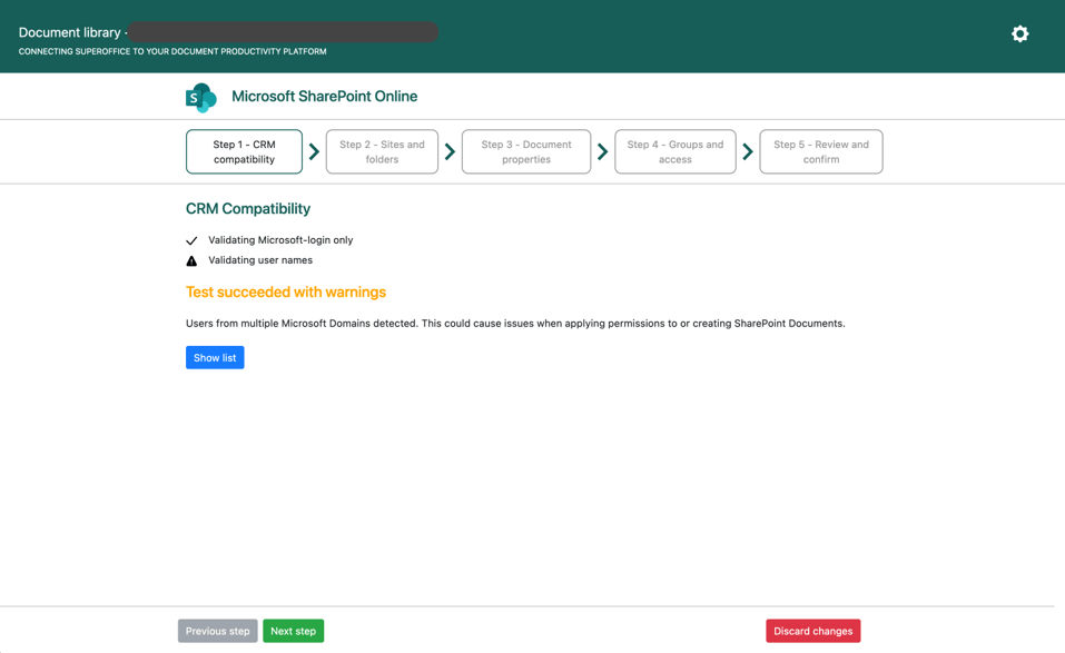Microsoft SharePoint Online wizard CRM compatibility check -screenshot