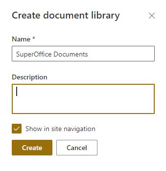 SharePoint Create document library, SuperOffice Documents -screenshot