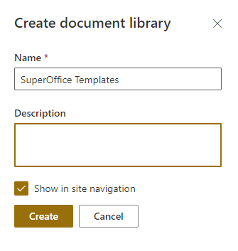 SharePoint Create document library, SuperOffice Templates -screenshot