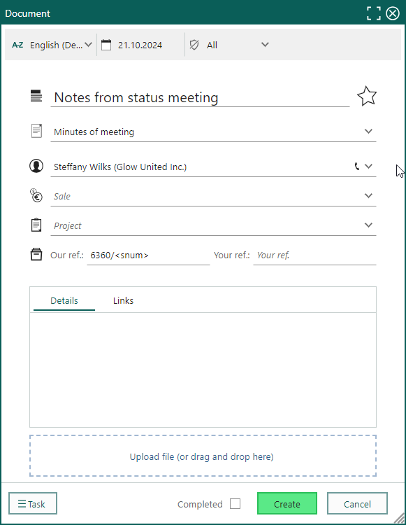 Document dialog - overview of the dialog and fields -screenshot