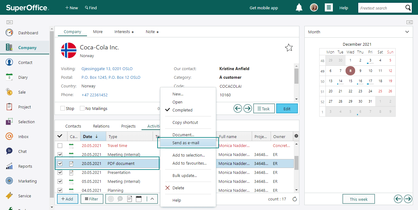 Find the document in SuperOffice CRM, right click and select Send as email, the email dialog opens and you are ready to send -screenshot