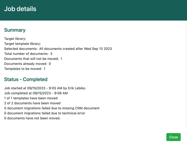 SharePoint documents migration job details -screenshot