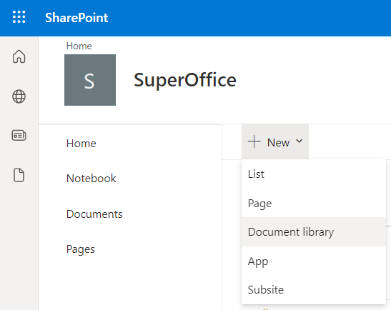 SharePoint New document library -screenshot